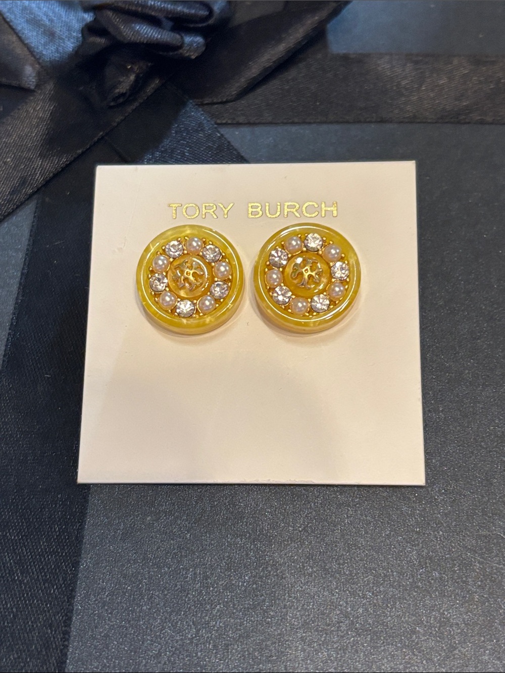 Tory Burch Yellow Logo Crystal-Embellished Round Stud Earrings NWT